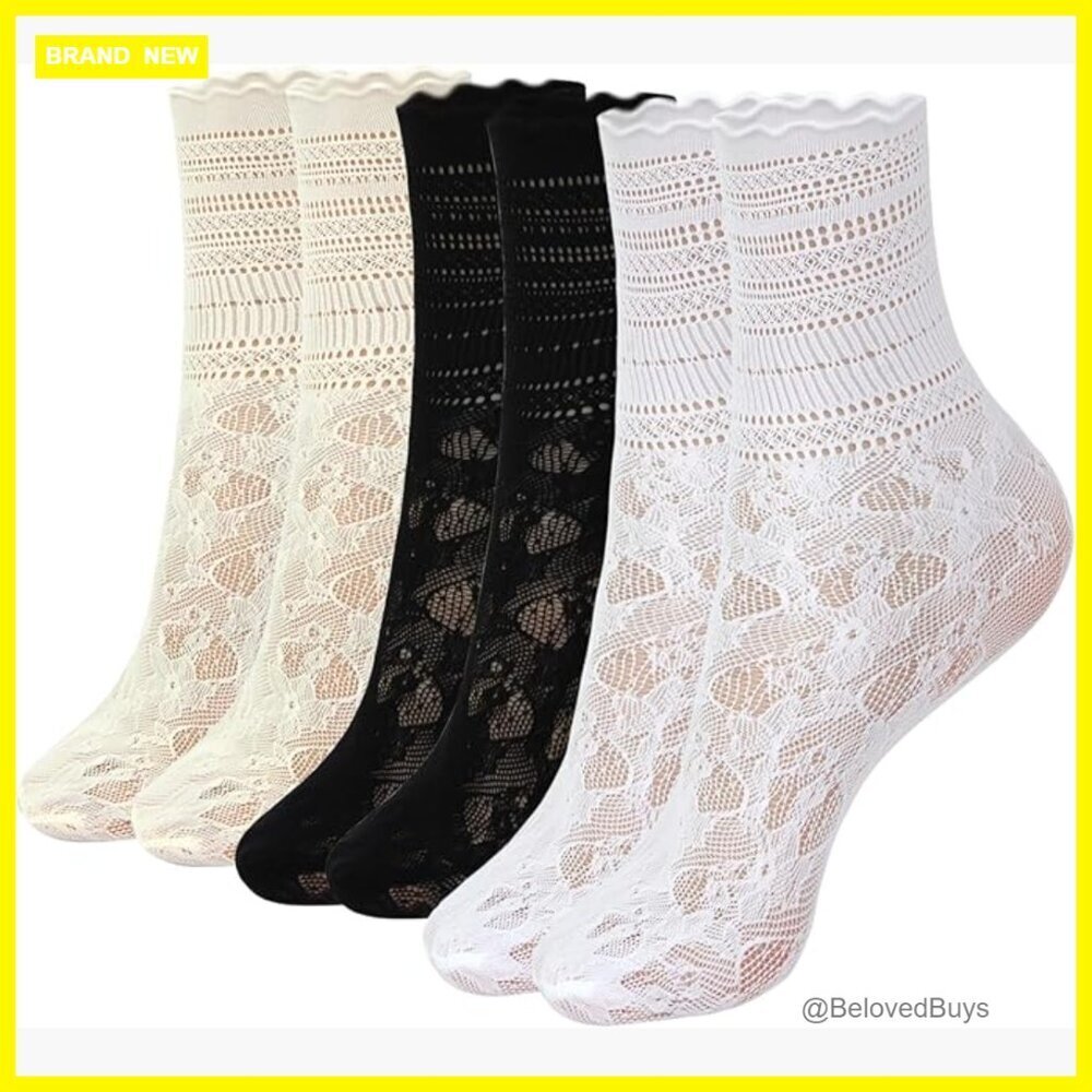 Floral Lace Crew Socks, 3 Pairs, Polyester, Boho Festival Style